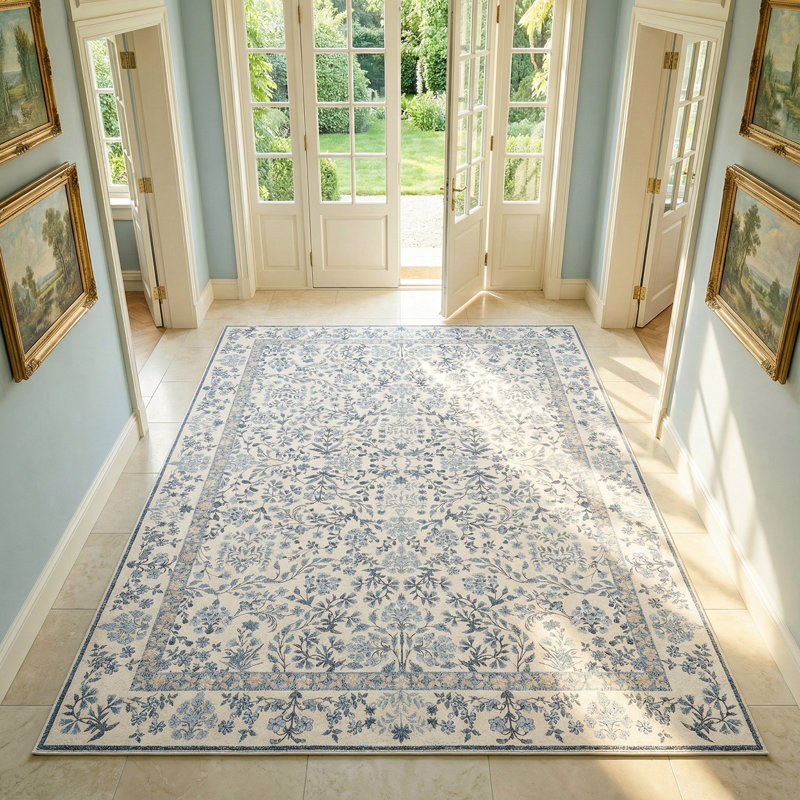 Floral Machine Washable Area Rug, Rectangle 6' x 9', Blue