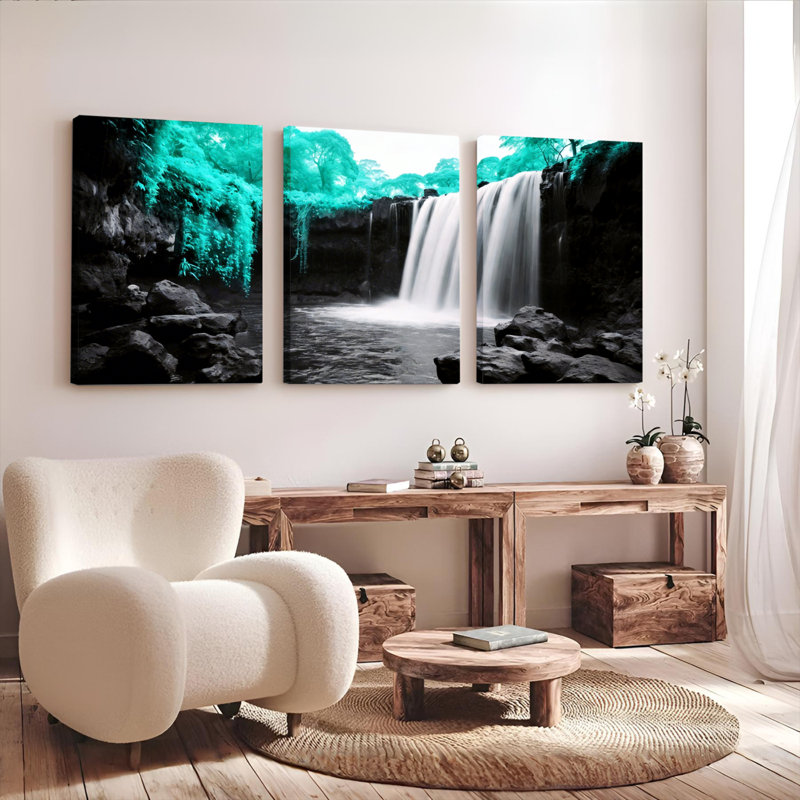 Ensemble de 3 toiles murales représentant un paysage de cascade turquoise, idéales pour la décoration du salon, de la chambre ou de la maison.