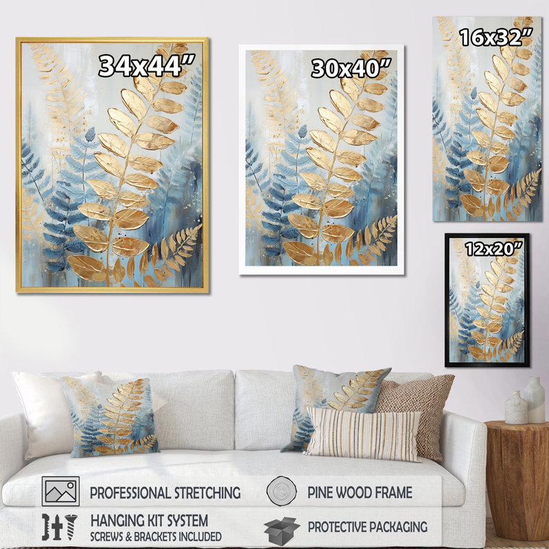 «Blue and Golden Ferns Breeze Symphony III», reproduction sur toile, Cadre simple argenté, H 40 po x l 30 po x P 1,5 po