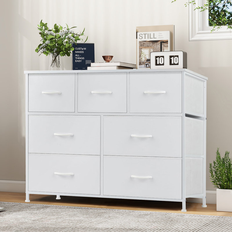 Commode avec 7 tiroirs, grande commode pour la chambre à coucher, grande commode pour le salon, Blanc
