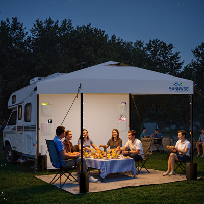 Pavillon de jardin pliant robuste de 10 pi x 10 pi avec 3 rideaux de clôture, une barre transversale renforcée et 4 sacs de sable pour plus de stabilité, blanc