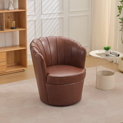 Fauteuil pivotant à pétales brun - base en métal pivotant à 360 °, fauteuil de bureau à oreilles en cuir véritable à grain supérieur, siège d'appoint de bureau incurvé à conception cannelée
