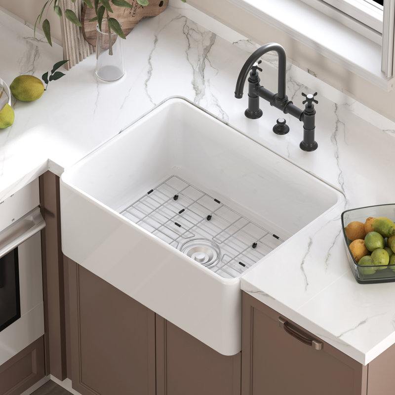 White Fireclay 24 in. L x 18 in. W Single Bowl Farmhouse Apron Kitchen Sink with Grid and Strainer