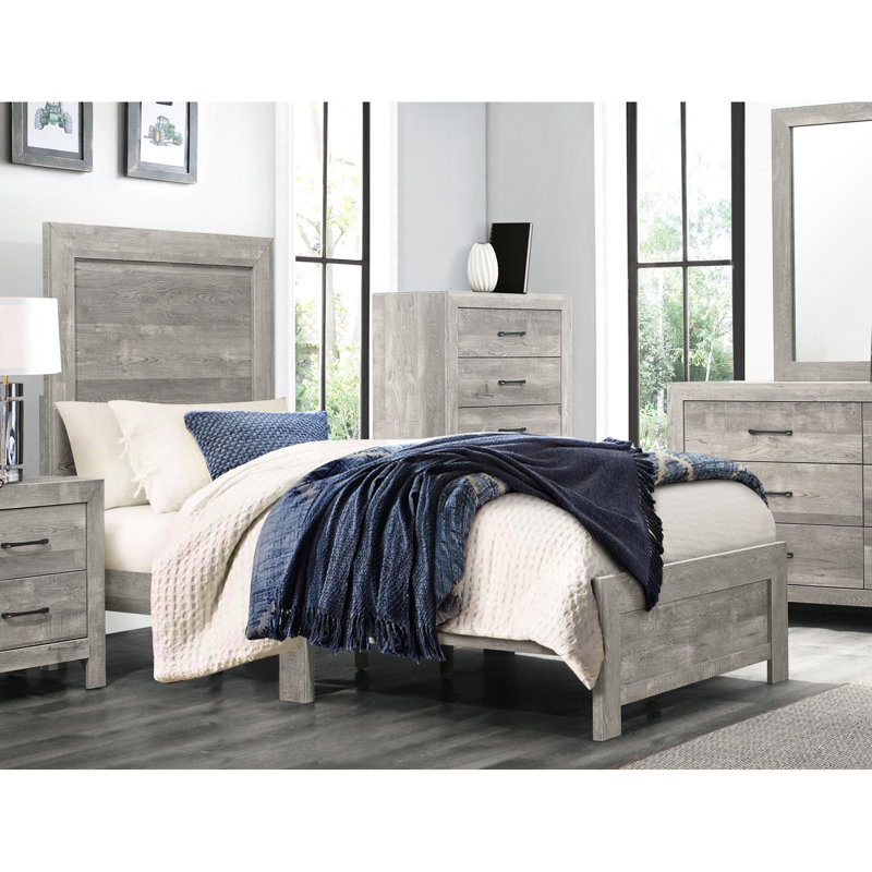 Lit simple en bois gris rustique simple, placage de bois, nécessite un sommier pour une étable et des meubles de chambre à coucher en bois, tête de lit, rails, nécessaire fonctionnel
