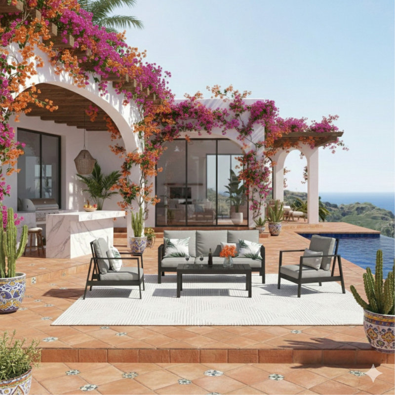 4-Piece Outdoor Patio Furniture Set, 5-Seat Conversation Sofa With 4.7" Thick Light Gray Cushions And Black Aluminum Frame & Coffee Table