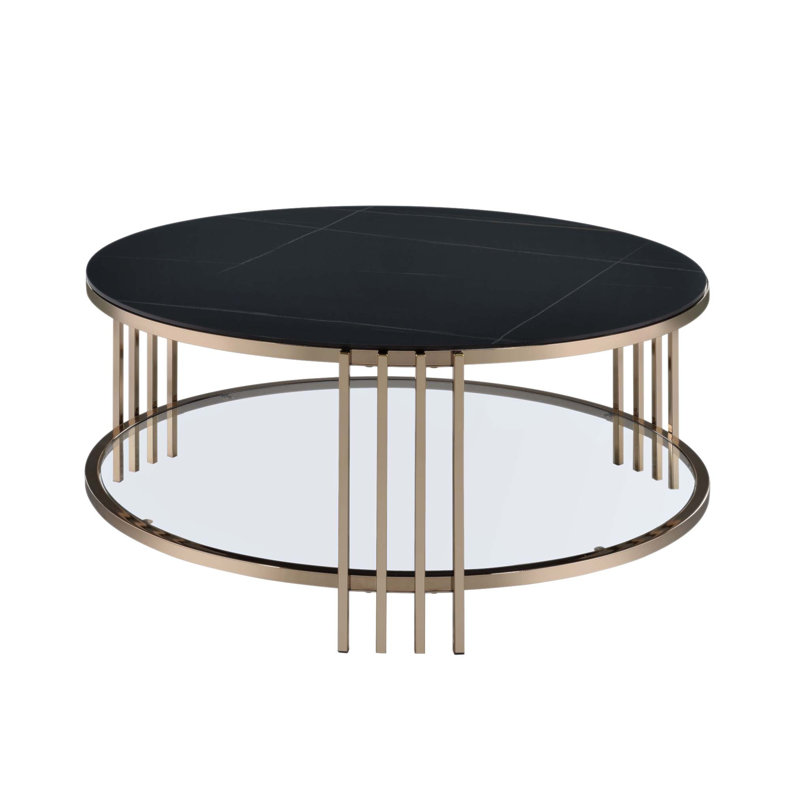 Table basse Abisha avec plateau en pierre frittée et finition champagne, durable et élégante pour les salons modernes