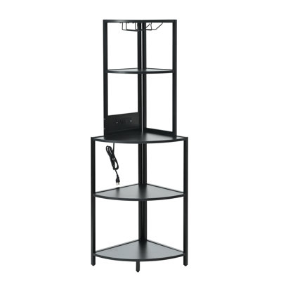 5 Tier Corner Shelf With LED Light And USB Plug, With Glass Holder, Tall Standing Shelf For Wall Corner, Narrow Bookshelf