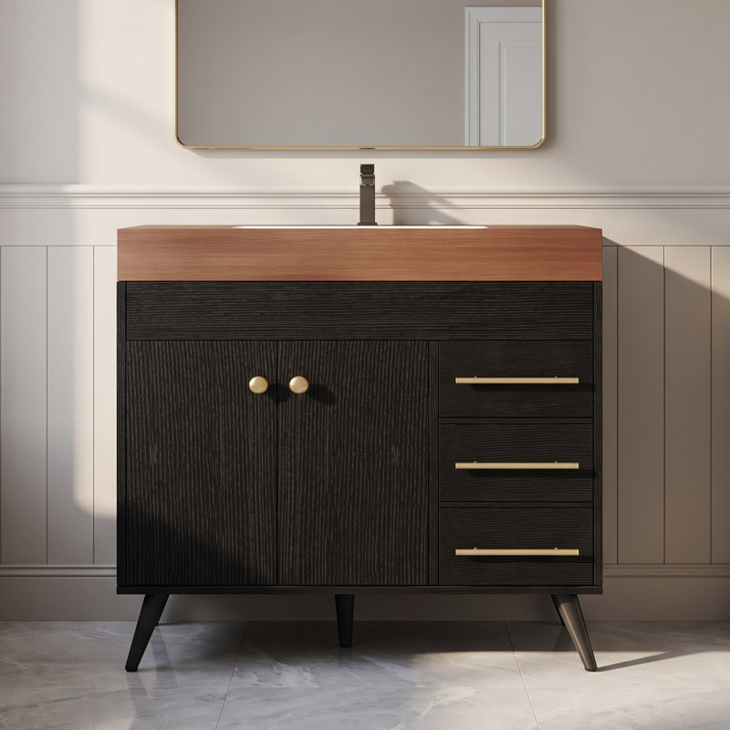 Meuble-lavabo simple autoportant noir de 91 cm (36 po) avec lavabo en céramique, dessus en pierre frittée brun chaud et 3 tiroirs