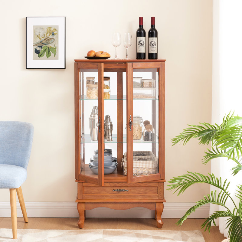 Fascinating Curio Display - 2 Doors, 1 Drawer, Adjustable Shelves, Bulb, Oak Luxury Cabinet With Drawer And Lighting Oak, Oak