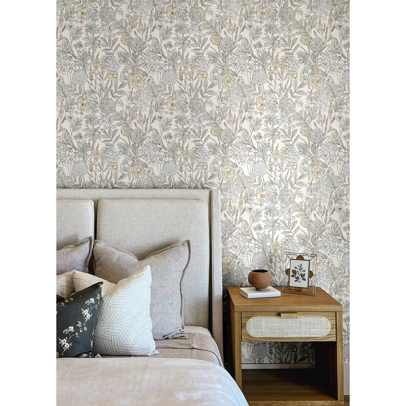 Papier peint chardonneret turquoise oiseaux et fleurs, Beige clair