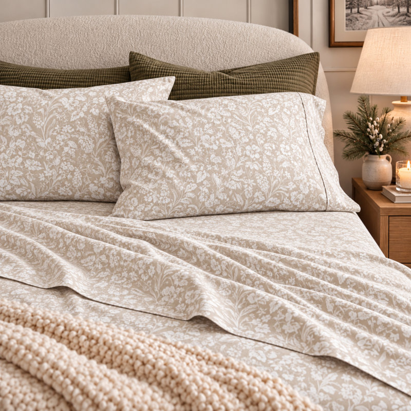 Ensemble de draps 100% flanelle de coton, Ensemble de draps pour très grand lit avec 2 taie, Motif floral à pétales givrées