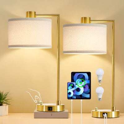 Navreet Table Lamp Set with USB C+A Charging Ports Fully Stepless Dimmable Bedside Lamp (Bulbs Included)