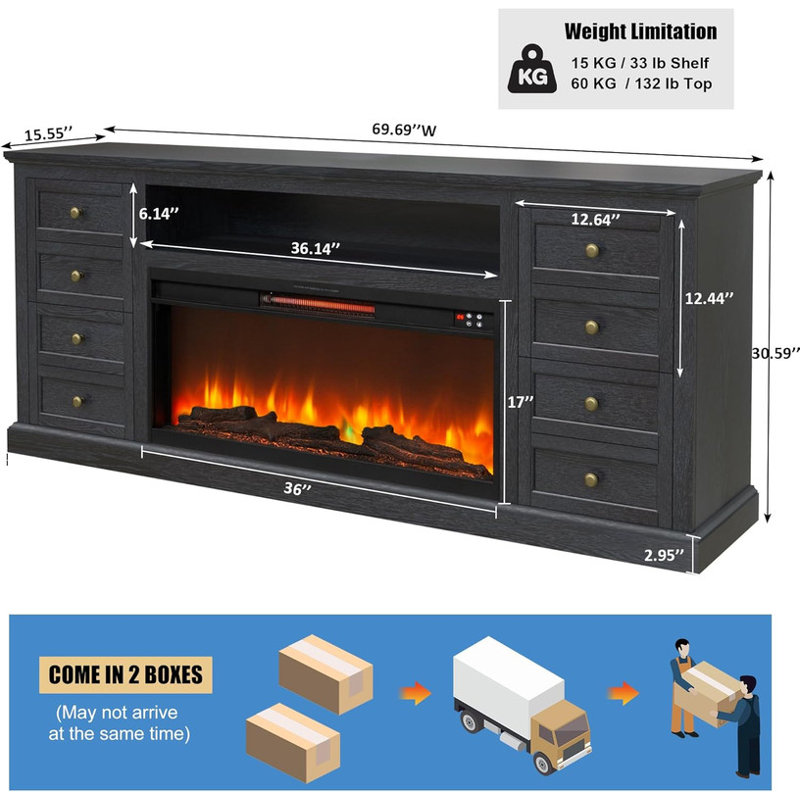 Farmhouse Tv Stand With 36'' Electric Fireplace,31'' Media Console With Drawer,Adjustable Flame,For 80'' Tvs, Black