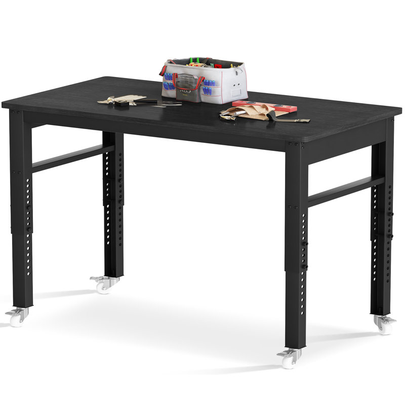 Alveston 47.24'' W Manufactured Wood Top Height-Adjustable Workbench with Wheels, Black