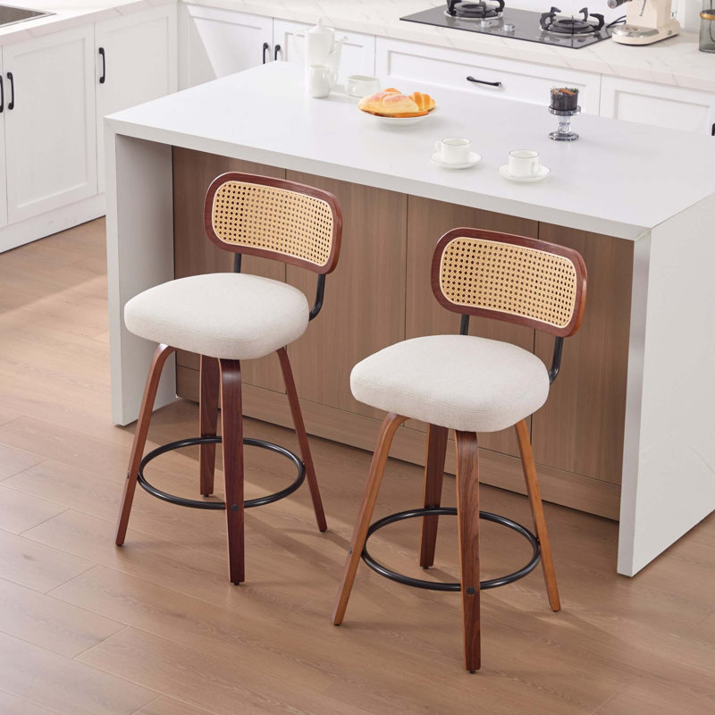 Counter Height Upholstered Swivel Bar Stools With Cane Back For Island/Kitchen/Counter/Bar(Set Of 2), White/Linen, 2