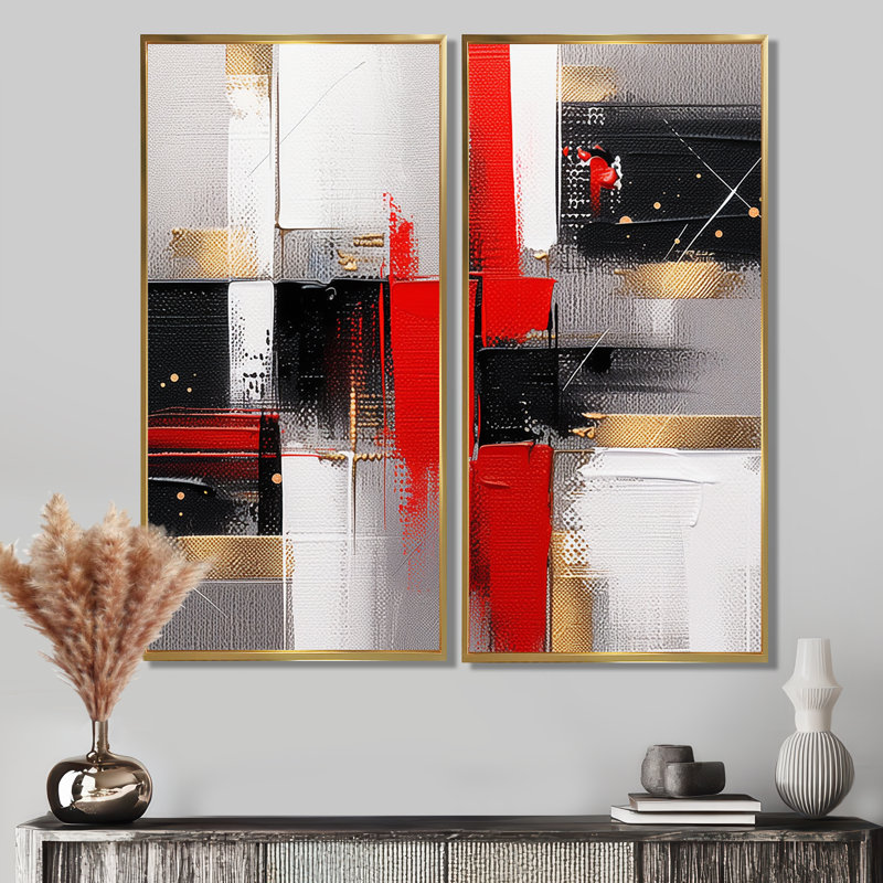 «I» - Cubisme rouge et doré, H 20 po x l 24 po, Impression encadrée flottante sans passe-partout, Doré