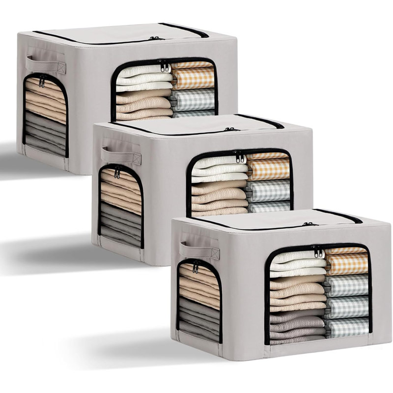 Ensemble de 3 bacs de rangement en lin pliables avec cadre en métal, fenêtres transparentes et accès à fermeture à glissière - capacité de 40 L, poignées durables, résistantes à la poussière et à l'humidité