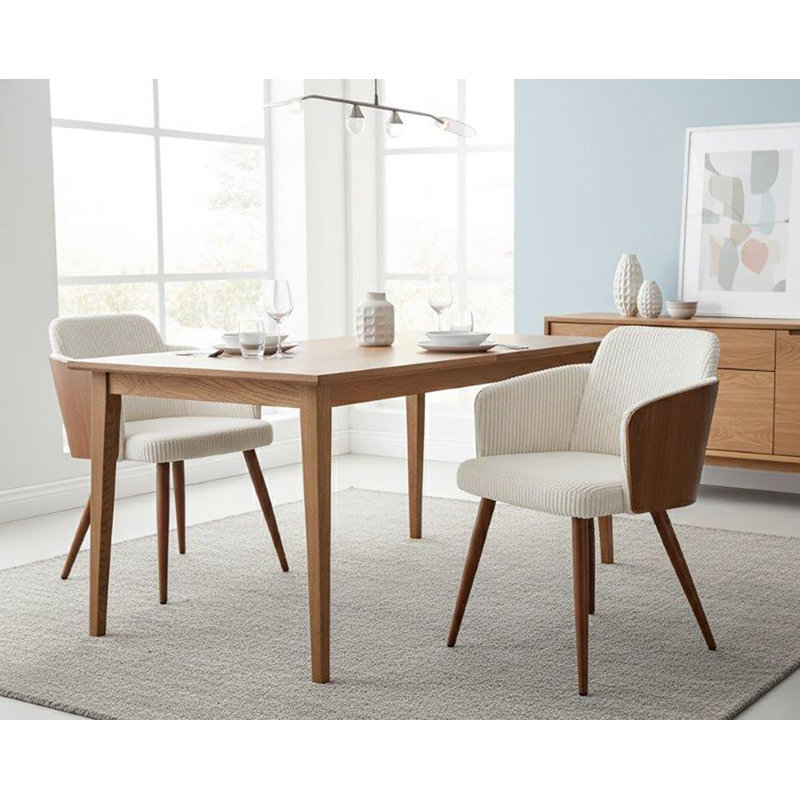 Chic Upholstered Dining Armchair Corduroy White, Metal Frame, Solid Backrest, Walnut Color