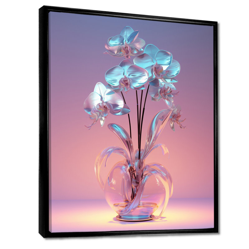 Fleurs d'orchidée translucides bleues - impression d'art mural orchidée, Cadre flottant noir, bois massif, H 32 po x l 16 po