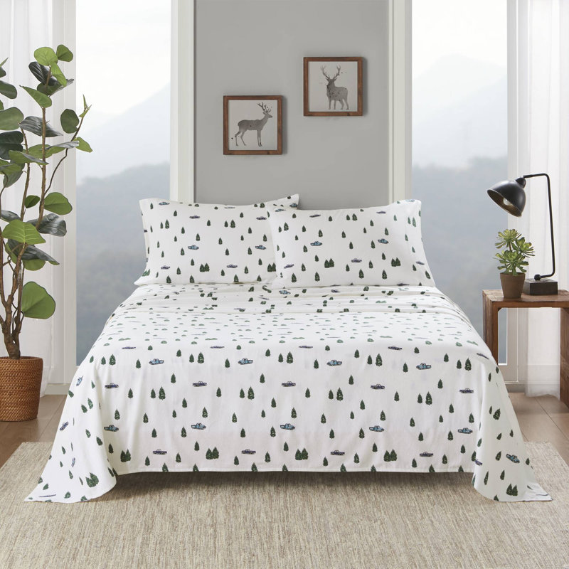 Ensemble de draps Green Trees & Camions, Ensemble de draps pour très grand lit, Floral multicolore