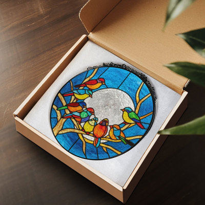 Colorful Birds Perch Stained Glass Panels Suncatcher for Window Decor