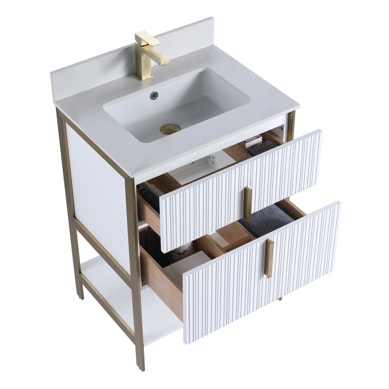 Meuble-lavabo moderne avec plateau en pierre Serenity, Blanc mat / laiton, 24", Pierre artificielle blanche
