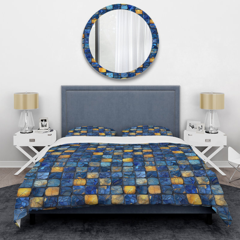 Ensemble de housse de couette moderne bleu, jaune et mosaïque moderne I, Housse de couette très grand et 2 très grandes t