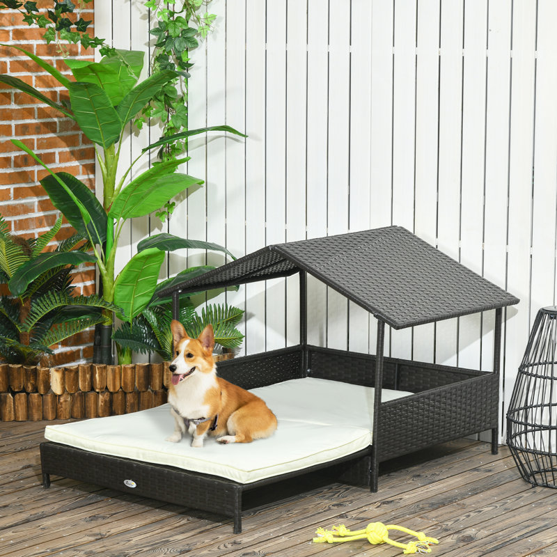Outdoor Black Wicker Dog Sofa Bed with Waterproof Roof