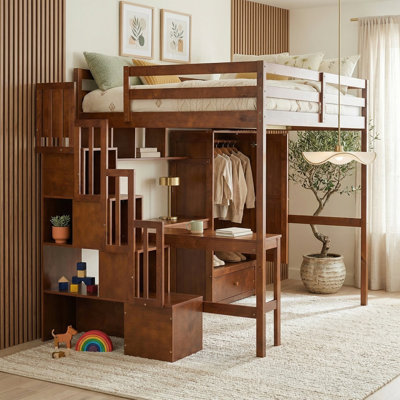 Full Size Loft Bed with Desk, Wardrobe & Storage Stairs, Solid Pine Wood Loft Bed with Charging Station