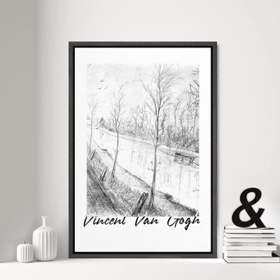 Signature signée, impression sur toile encadrée, canal néerlandais, illustrations de coups de pinceau, réalisme chic, détente / calme, noir et blanc, pour le salon, la chambre à coucher, le bureau