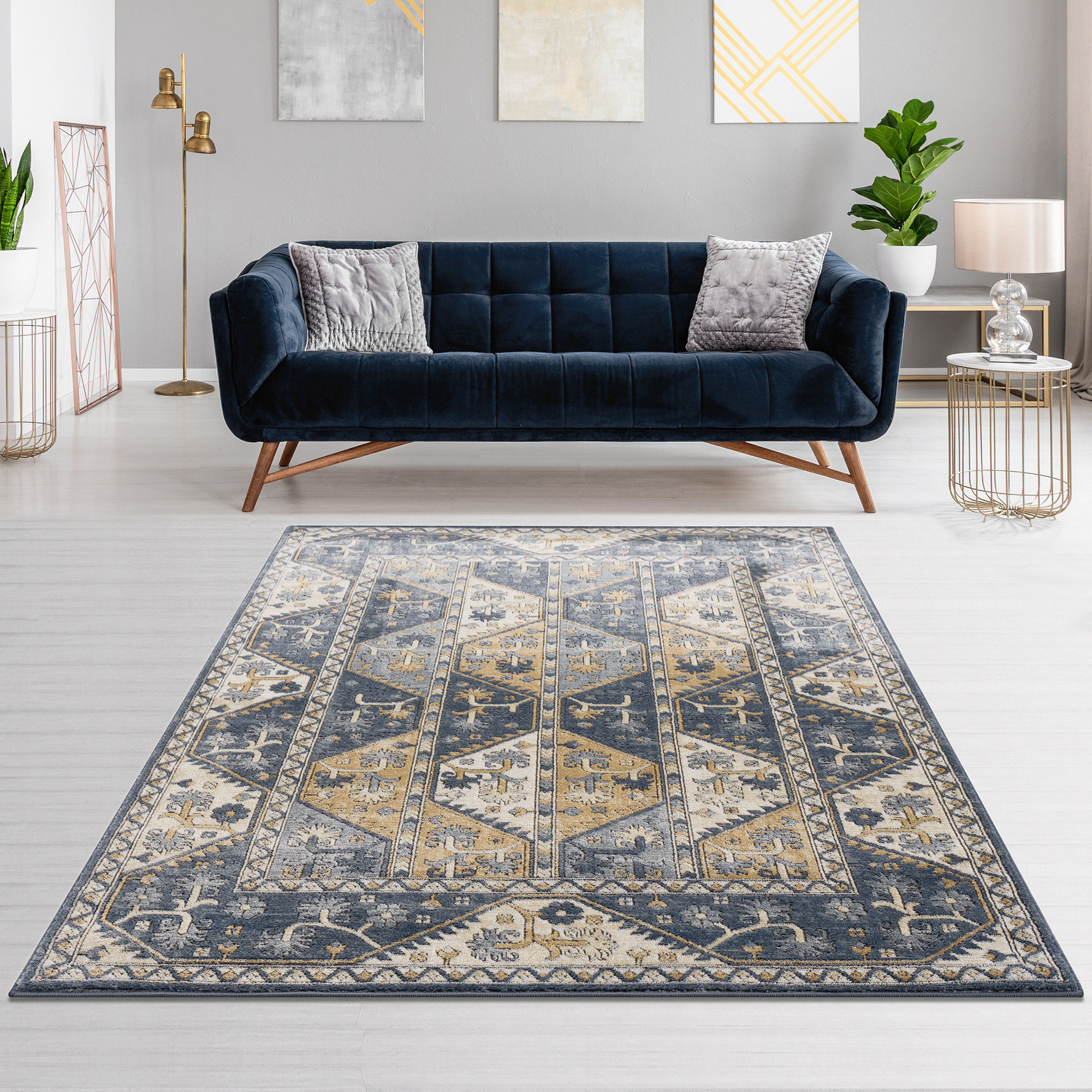 Bungalow Rose Geometric Tiled Border Beige Area Rug | Wayfair