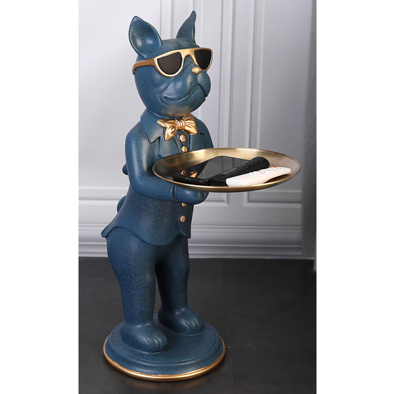 Ornement sur pied bouledogue français de luxe clair avec plateau, Bleu