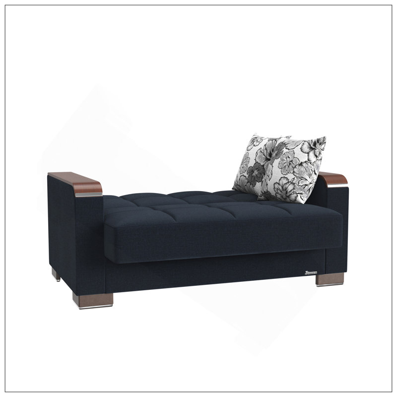 Causeuse rembourrée avec garniture en bois et rangement, Chenille bleu foncé