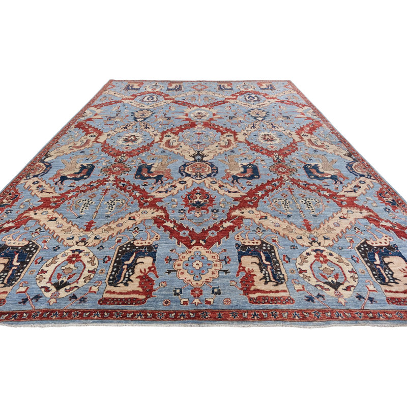 High-Quality Hand-Knotted Blue And Rust Area Rug