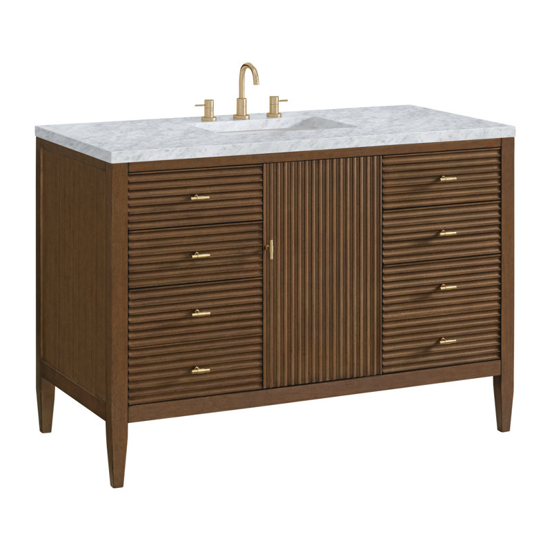 Myrrin 48'' W Single Vanity, Mid-Century Walnut, 8" Widespread, Carrara White