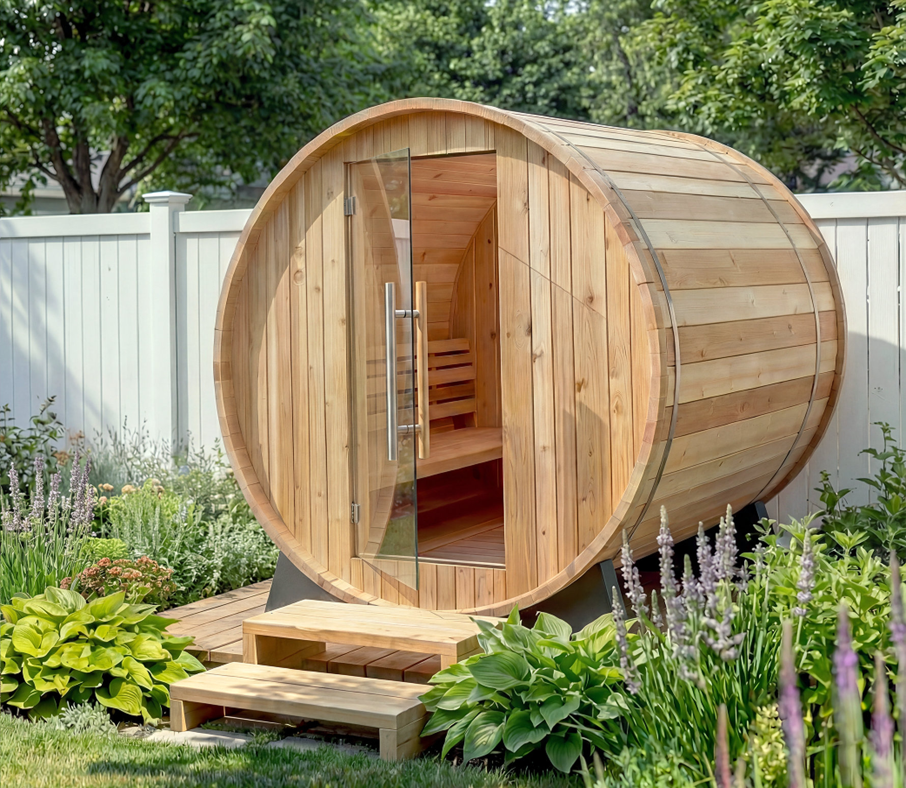Sauna tonneau, porte vitrée et marches.