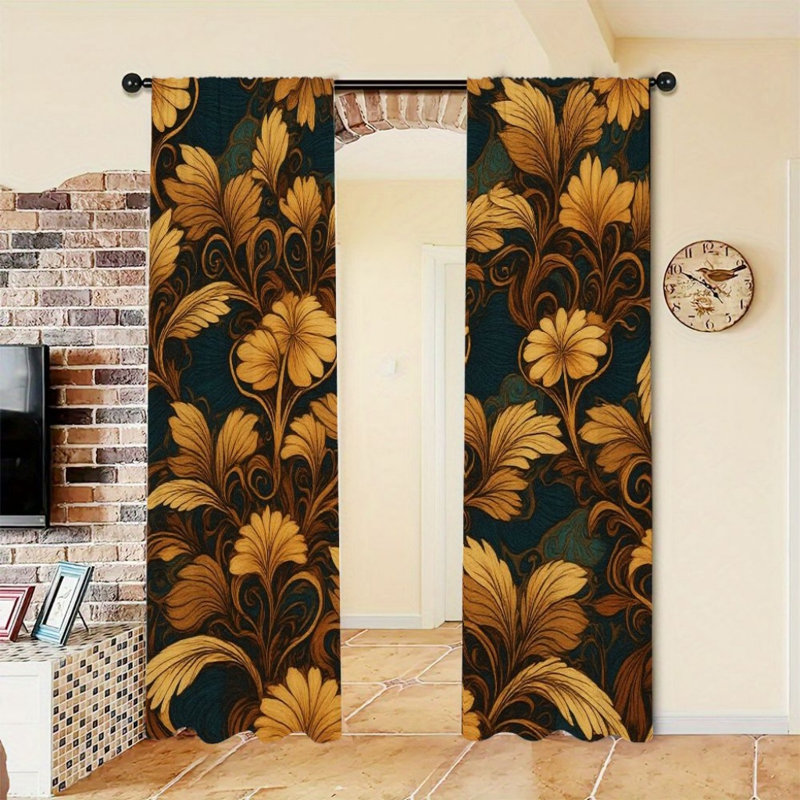 2Pcs Golden Floral Curtains, Dark Green Background, Elegant Luxury Pattern, Rod Pocket Window Drapes, Living Room Bedroom Study Window Decor