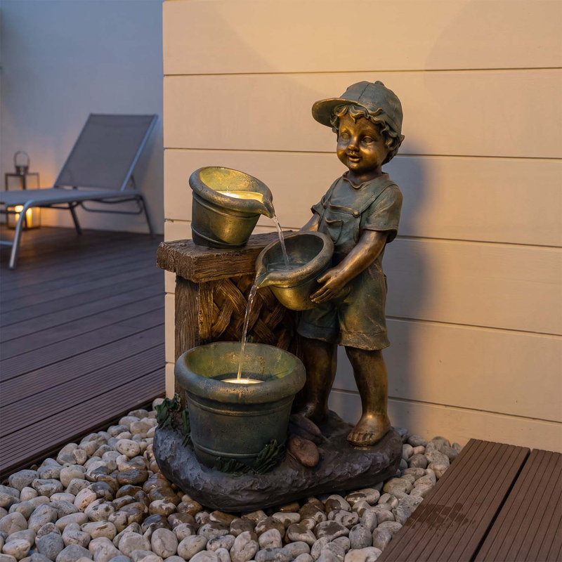 Statue de jardin d'extérieur vintage avec lumières à DEL, cascade en résine bronze antique