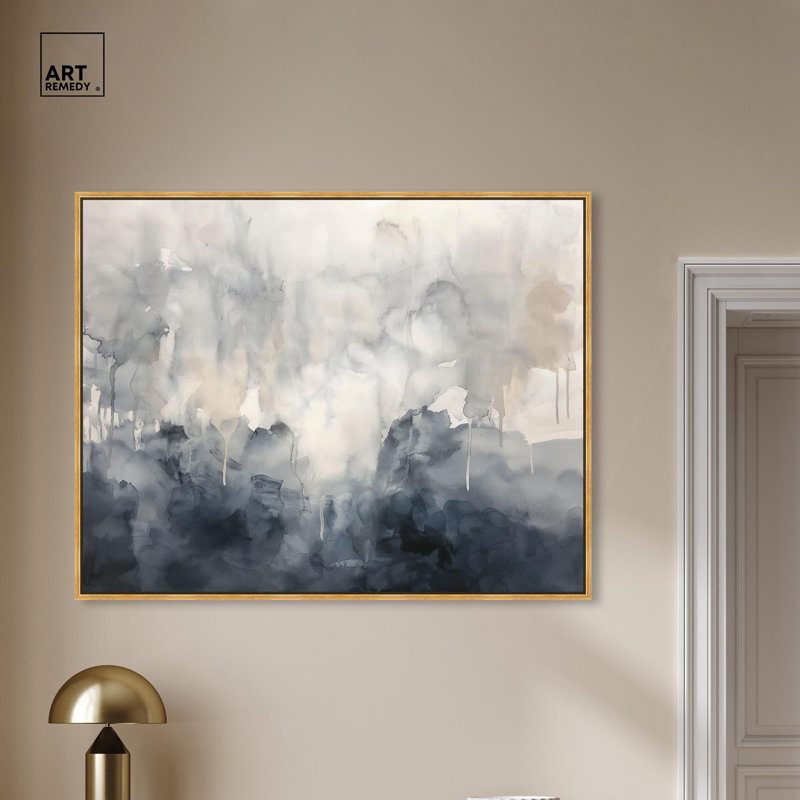 «Mute Ocean Hues», aquarelle abstraite par Art Remedy, Cadre flottant doré, H 37 po x l 46 po