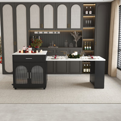 Vesta 80" Extendable Kitchen Island with Dining Table, Power Outlets & Storage - Wood Grain Top by Ebern Designs
