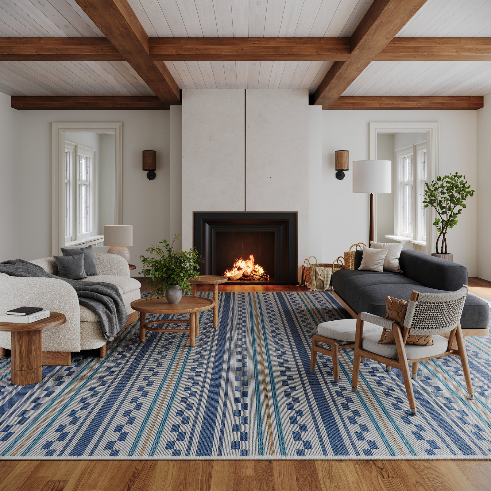 Modern Checkered Indoor Outdoor Rug, Blue, Rectangle 10' x 14'
