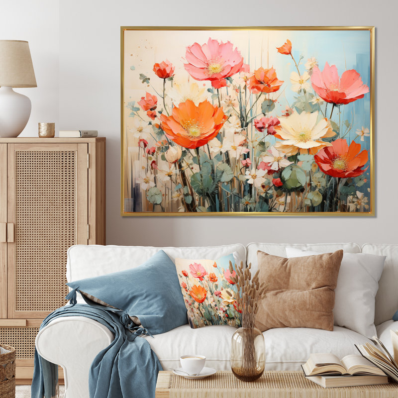 Représentation de cactus beige corail multicolore, reproduction sur toile, Cadre flottant doré, H 24 po x l 32 po x P 1 po