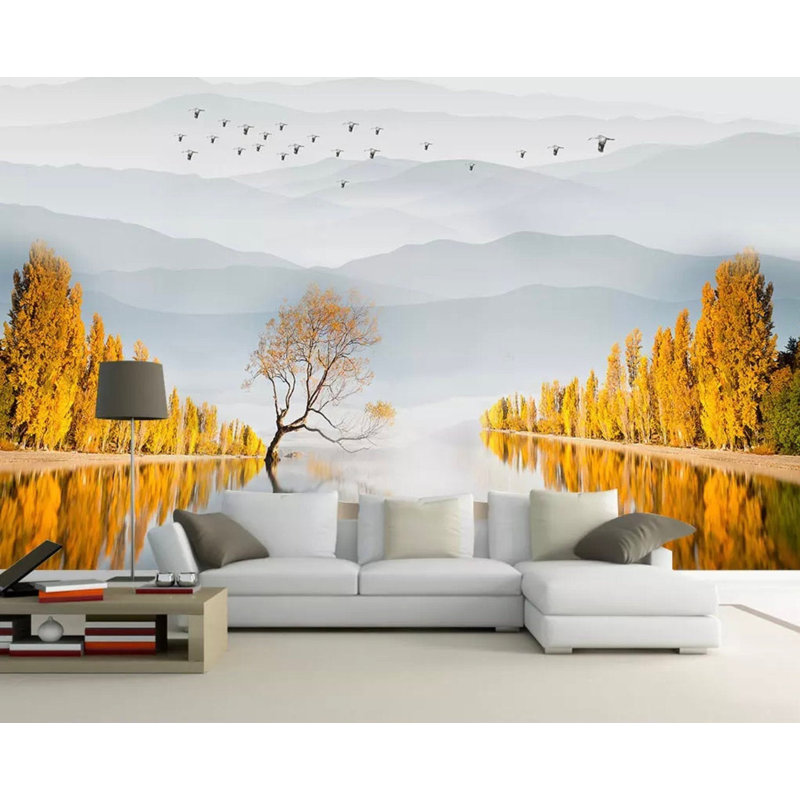Papier peint lac jaune avec paysage de montagnes jaunes, L 9 po x l 15 po