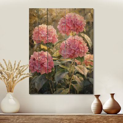 Hortensias dans un jardin ensoleillé III - décoration murale en bois d'hortensias - sur bois de pin naturel