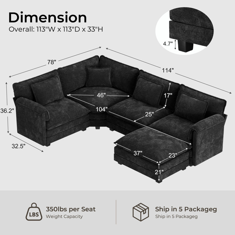 Canapé modulaire de coin modulaire en U rembourré en U avec coussins de 114 po 5 pièces Amabilia - tissu chenille