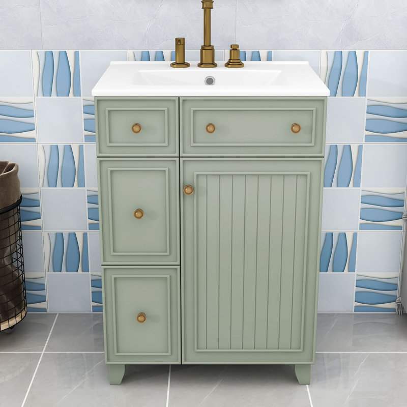 Meuble-lavabo chic 2 tiroirs 24 po avec lavabo en céramique et conception compacte, Vert, Doré