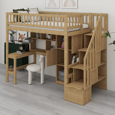 Twin Size Loft Bed With Desk & Storage Stairs, Wood Loft Bed With LED Lights, Storage Shelves And Cabinets