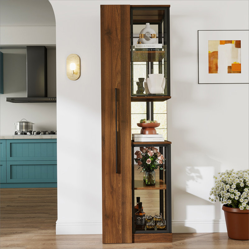 70" Display Cabinet with Glass Doors and Lights, with multi-functional pull-out multi-tier storage shelf , Wooden Display Storage Cabinets