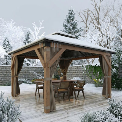 Pavillon de jardin à toit rigide 10 pi x 10 pi, pavillon en bois avec cadre en épinette massif et double toit en aluminium, rideaux et filet inclus, pavillons de jardin d'extérieur pour le jardin, le patio, les pelouses et les fêtes.