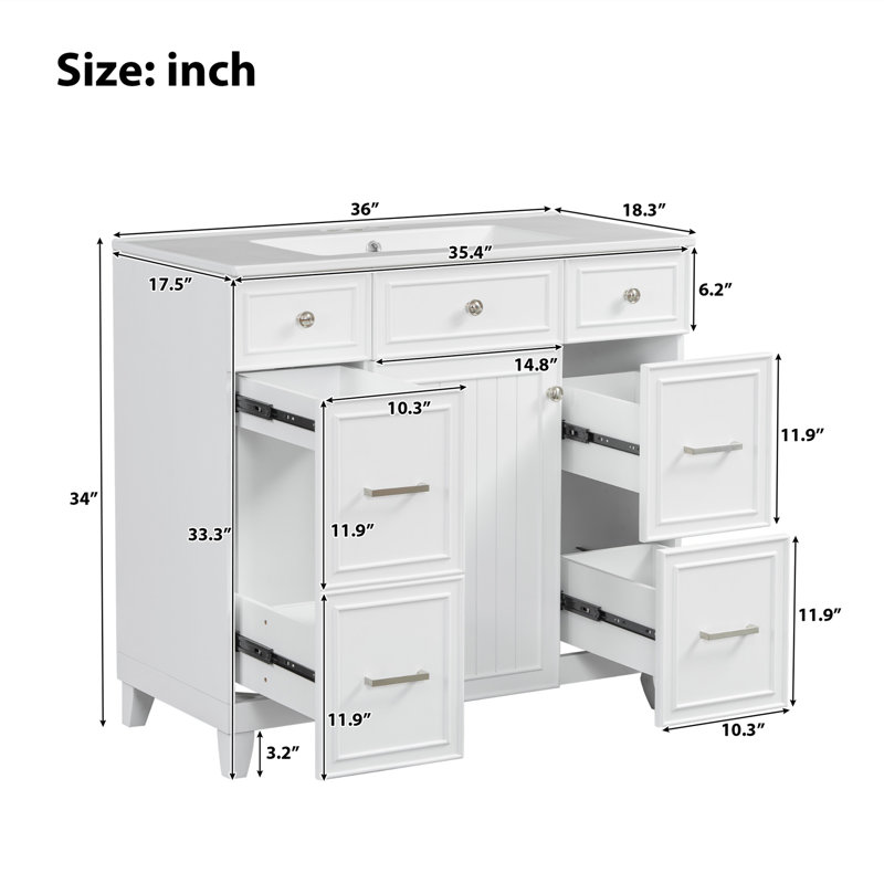Meuble-lavabo simple 36 po avec 1 armoire, 3 tiroirs et comptoir en céramique, Blanc, Argent argent